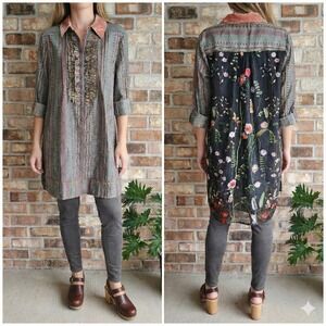 Soft Surroundings Velvet Ruffle‎ Embroidered Small Artsy Boho Western Tunic Top